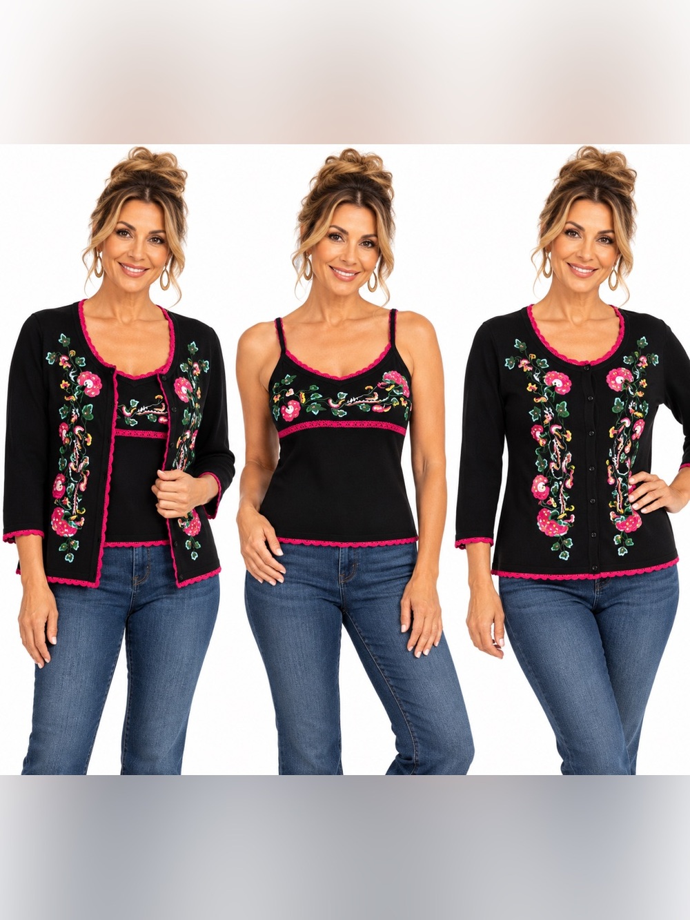 Vintage Y2K Boston Proper Cardigan Cami Set Size M Silk Multi Color Floral